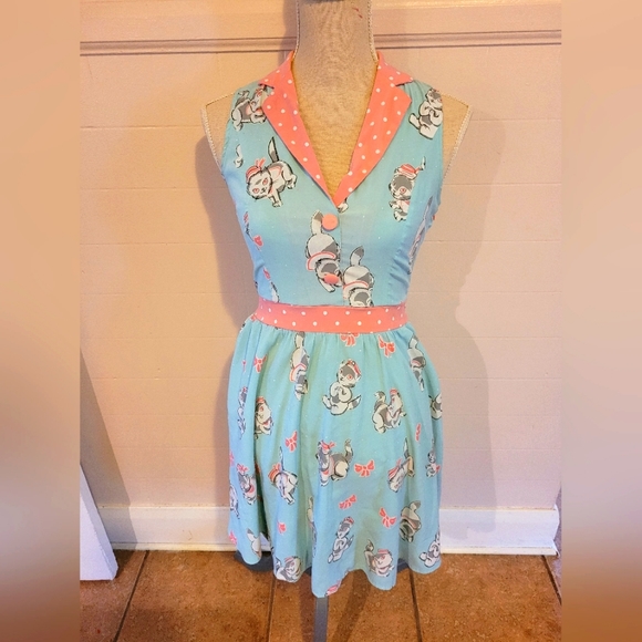 Sourpuss Clothing || Blue & Pink Sailor Cat Dress w/ Collar - Picture 1 of 4
